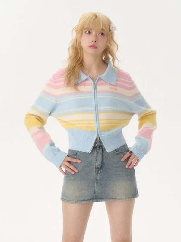 Fashion Rainbow Cardigan Sweaters Women Casual Zipper Sweet Knitted Short Coat - Image 5