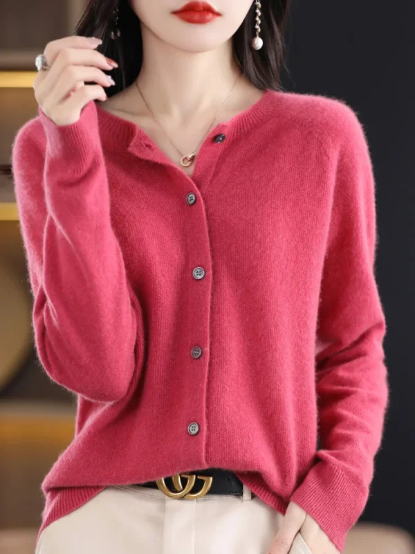 Fashion Spring Merino Wool Womens O-neck Cardigan Cashmere Sweater - Image 6