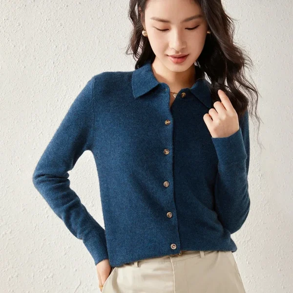 Women's Clothing Cashmere Wool Cardigans Polo Collar Sweaters Solid Warm Outerwear Knitted - Image 3