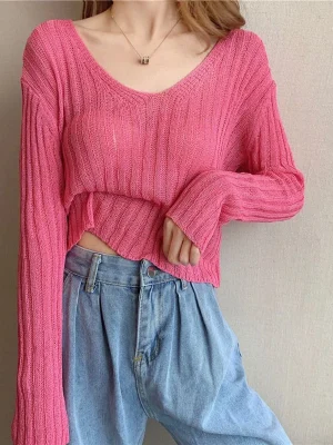 Loose Cropped Knitted Pullovers Women Sexy Hollow Out Long Sleeve Tops