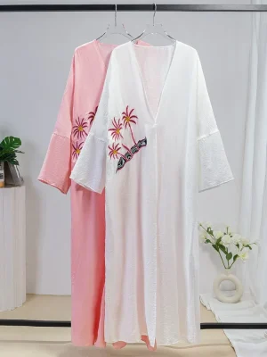 Islamic Clothing Embroidery Kaftan Muslim Open Front Abayas Long Sleeve Maxi