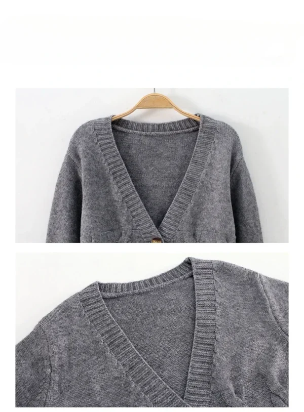 Women Cardigan V Neck Cropped Long Sleeve Twist Knitted Sweater Coats - Image 6