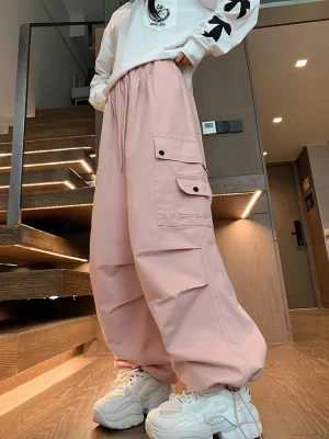 Loose Women Cargo Pants Casual Pockets Pink Student Trousers