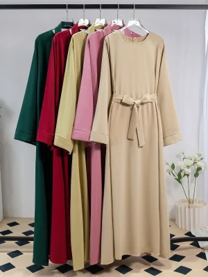 Muslim Abayas Women Kaftans Long Maxi Prayer Dress with Belt Full Sleeve