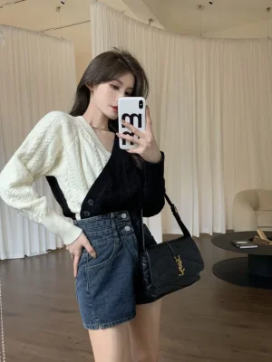 Korean V Neck Cross Sweaters Women Design Long Sleeve Patchwork Knitted