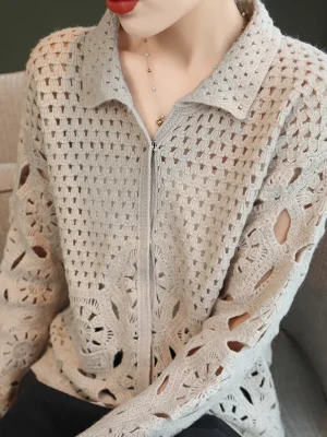 Crochet Embroidery Hollowed Out Transparent Wool Cardigan Women’s office Polo