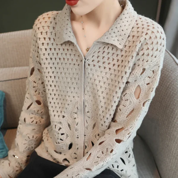 Crochet Embroidery Hollowed Out Transparent Wool Cardigan Women's office Polo