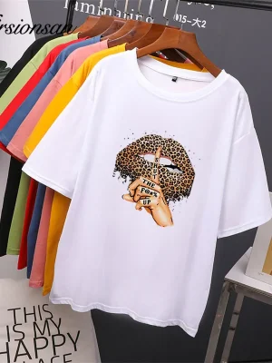 2024 Sexy Lips Printed T Shirt Women Summer Loose Casual Soft Female