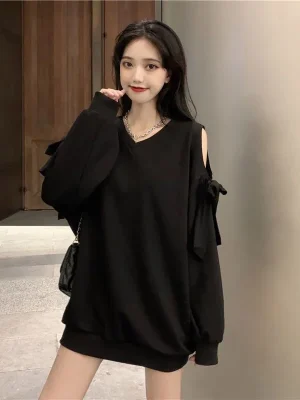 Sweet Bow Off Shoulder Sweatshirts Women Long Sleeve Casual Loose Korean Tops