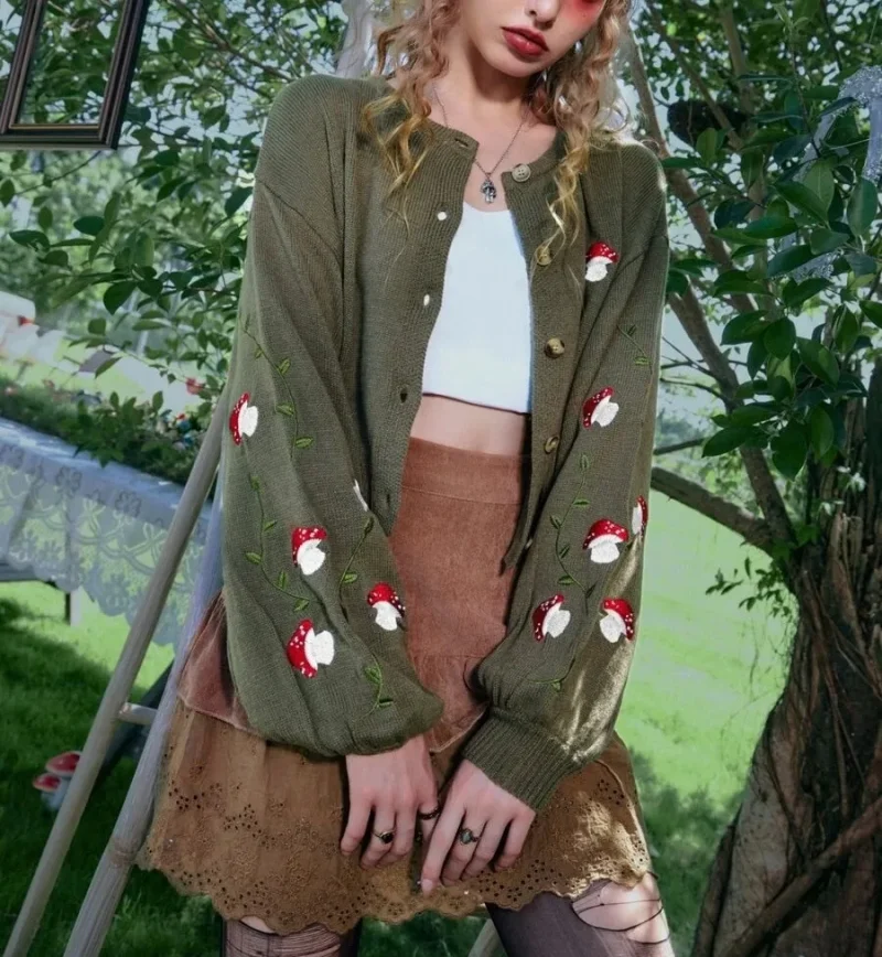 Women's autumn/winter mushroom button embroidered olive cardigan knit sweater - Image 2