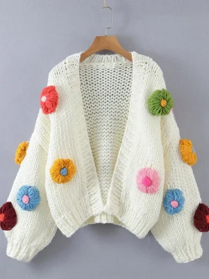 Women Autumn Winter Cute Floral Sweater Jacket Streetwear Long Sleeve Jumper Knitted Outwear