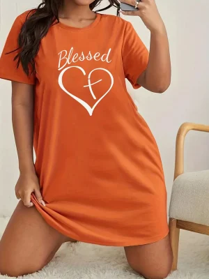 Women’s Loose Homewear Plus Size Nightgown 3D Printed Heart Short Sleeve T-Shirt