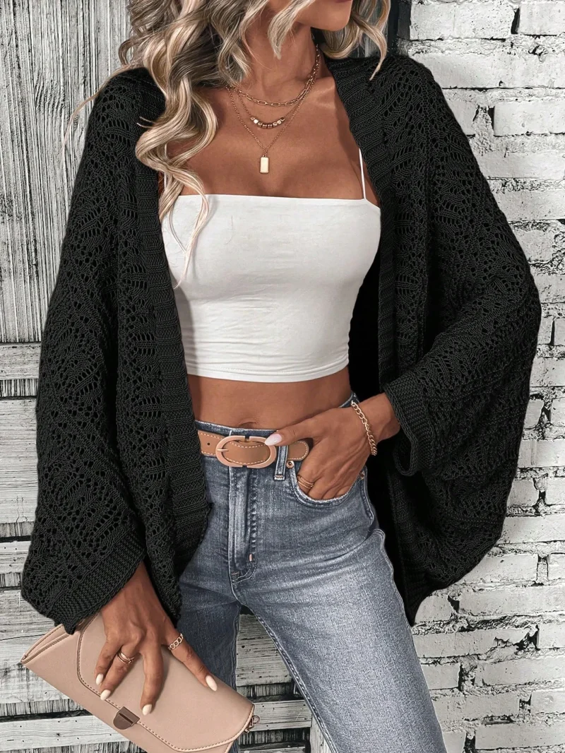 Solid Color Camisole Knit Cardigan Elegant Front Open Bat Wing Sleeve Loose Cardigan For Women - Image 4