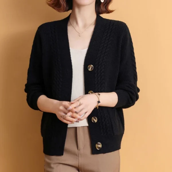 Winter V Neck Knitted Cardigan Women Simple Long Sleeve Twist Sweaters - Image 9