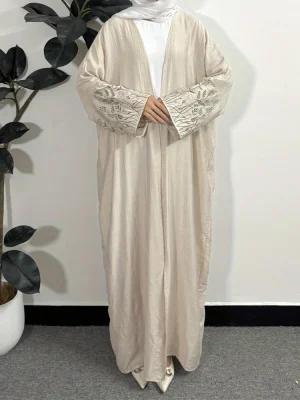 Open Front Abaya Muslim Kaftans Embroidery Long Sleeve Maxi Length Ramadan