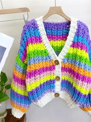 Women Handmade Rainbow Colorful Warm Chunky Knit Bulky Cardigan Multi Color Sweater