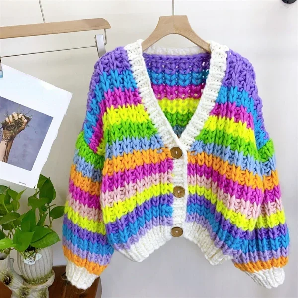 Women Handmade Rainbow Colorful Warm Chunky Knit Bulky Cardigan Multi Color Sweater