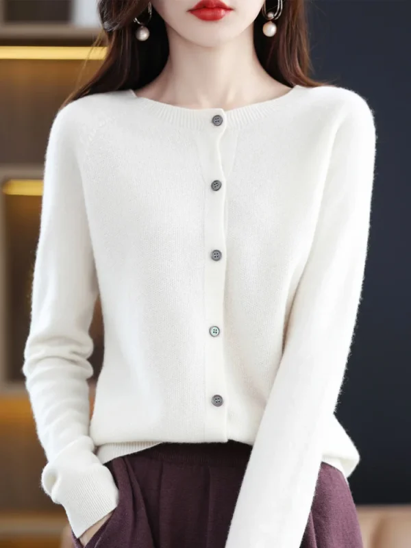 Fashion Spring Merino Wool Womens O-neck Cardigan Cashmere Sweater - Image 5