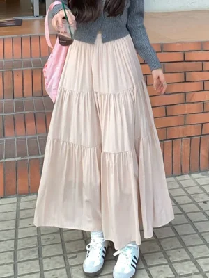 Summer Women Long Skirt Chic Women Solid All Match A Line Cake Skirt