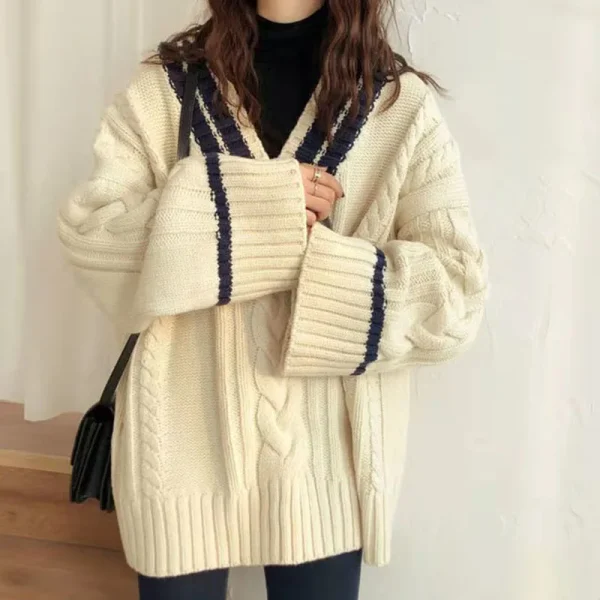 Oversize Sweet Women Sweaters Long Sleeve V Neck Vintage Lazy Wind Knitted - Image 6