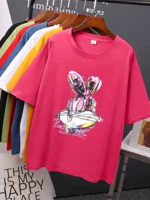 Kawaii Rabbit Printed T-Shirt Women Soft Casual Short Sleeve Summer