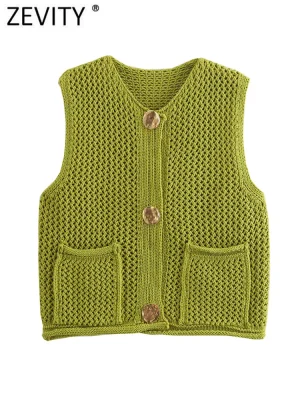 Women Fashion Sleeveless Coarse Needle Knitting Vest Sweater Female Chic Big Pockets