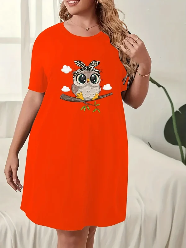 Women's Nightgowns Round Neck Short Sleeve Dress Printed Owl Micro - Image 2