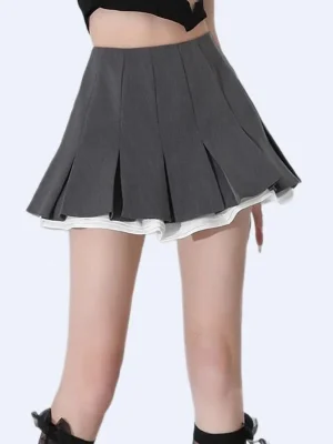 Women Pleated Skirts Patchwork Summer High Waist Korean  Mini Skirt