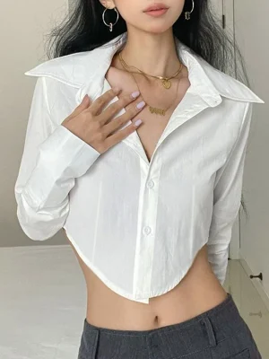 Cropped Sexy Women White Shirt Long Sleeve Slim Design Blouse Fall Female Fashion