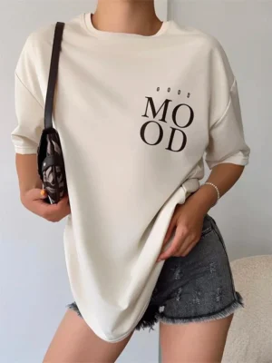 Mood Letter Printed T-Shirt Women Soft Casual Loose Short Sleeve Summer