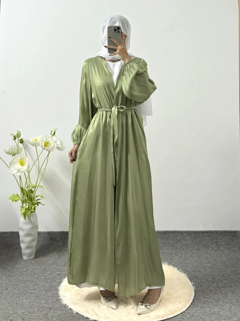 Muslim Open Front Abayas Long Sleeve Wearout Kaftans Maxi Dress - Image 8