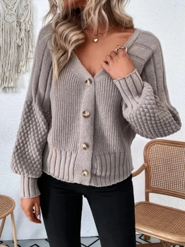 Women's autumn and winter V-neck solid color long sleeve cardigan