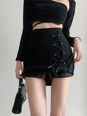 Women Summer Black Skirt Korean Lace Up Skinny Short Skirts High Waist