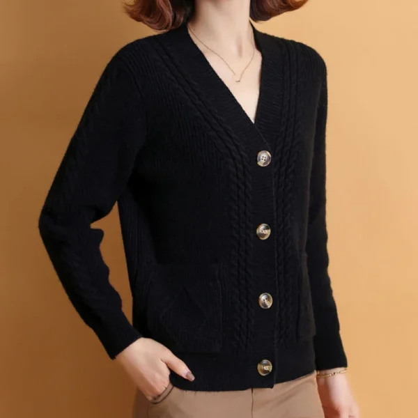 Winter V Neck Knitted Cardigan Women Simple Long Sleeve Twist Sweaters - Image 10