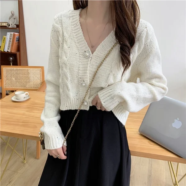 Cardigan Women Sweet Long Sleeve Cropped Elegant Knitted Sweaters Coat - Image 3