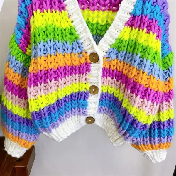 Women Handmade Rainbow Colorful Warm Chunky Knit Bulky Cardigan Multi Color Sweater - Image 3