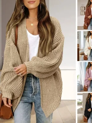 Winter Women Solid Color Cardigan Sweater Lantern Long Sleeve Open Front Knitting Coat