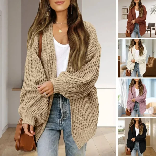 Winter Women Solid Color Cardigan Sweater Lantern Long Sleeve Open Front Knitting Coat