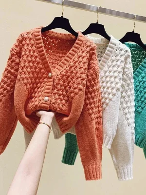 Sweater Cardigans Slim Elastic Woman Top Clothes Knitted Korean V-Neck Long Sleeve