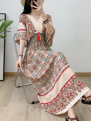 Print Floral Short Sleeve Maxi Dress Women Dresses Summer Spring V-neck