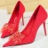 Party Women Pumps 9cm Thin High Heels Flock Shallow Pointed Toe Gemstone Crystal