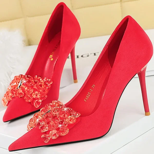 Party Women Pumps 9cm Thin High Heels Flock Shallow Pointed Toe Gemstone Crystal