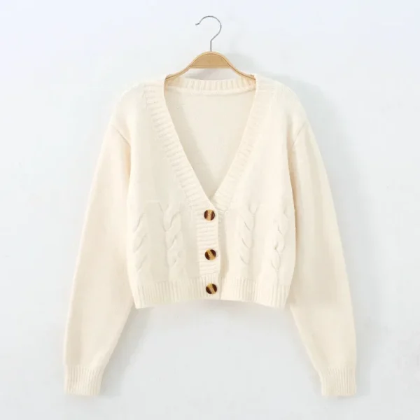 Women Cardigan V Neck Cropped Long Sleeve Twist Knitted Sweater Coats - Image 2