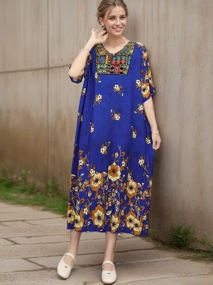 Summer Spring Vintage Print Floral Short Sleeve Loose Maxi Dress Women