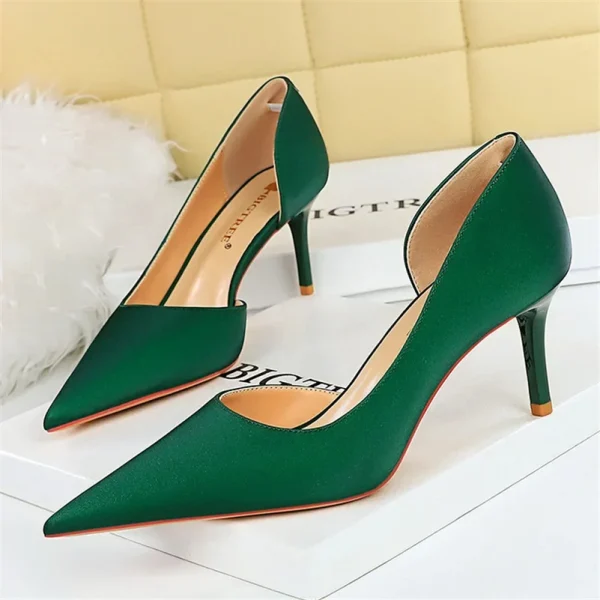 Women 7cm High Heels Hollow Silk Satin Pumps Lady Green - Image 2