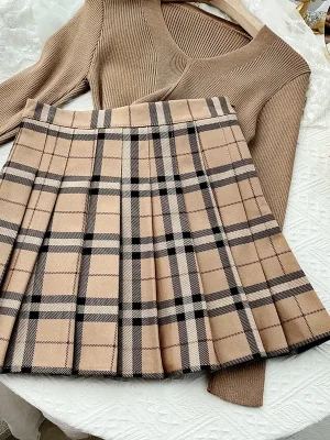 Plaid Stripes Skirt Women Korean High Waist Khaki All-Match Mini Skirt Sweet Girl