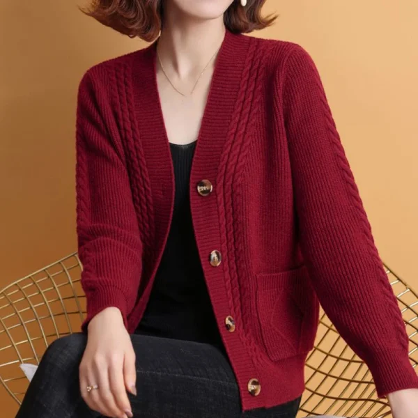 Winter V Neck Knitted Cardigan Women Simple Long Sleeve Twist Sweaters - Image 4