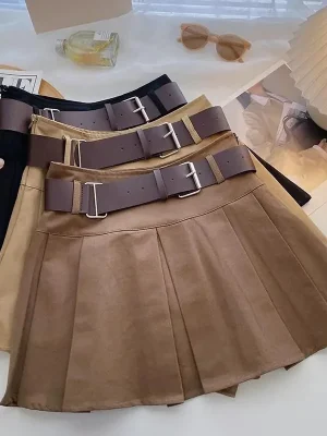 Fashion Belt Women Pleated Skirts High Waist Shorts Mini Skirt Buttons