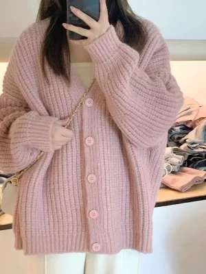 Sweet Pink Knitted Cardigan Sweater Women Korean Long Sleeve V Neck Cardogans