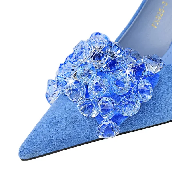 Party Women Pumps 9cm Thin High Heels Flock Shallow Pointed Toe Gemstone Crystal - Image 5